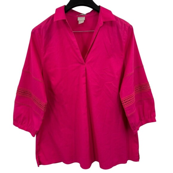 Chico's No-Iron Pop-Over Top Size 3 XL 16/18 Cotton Stretch Ladder Sleeve V-Neck - Picture 3 of 8